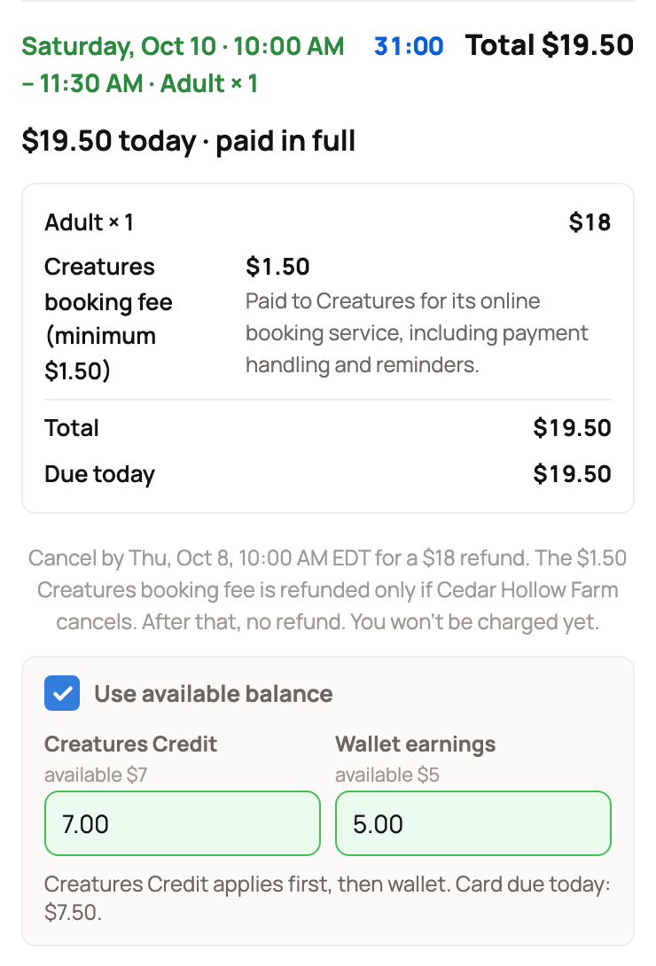 A held time with its countdown and total, plus Credit and Wallet earnings applied