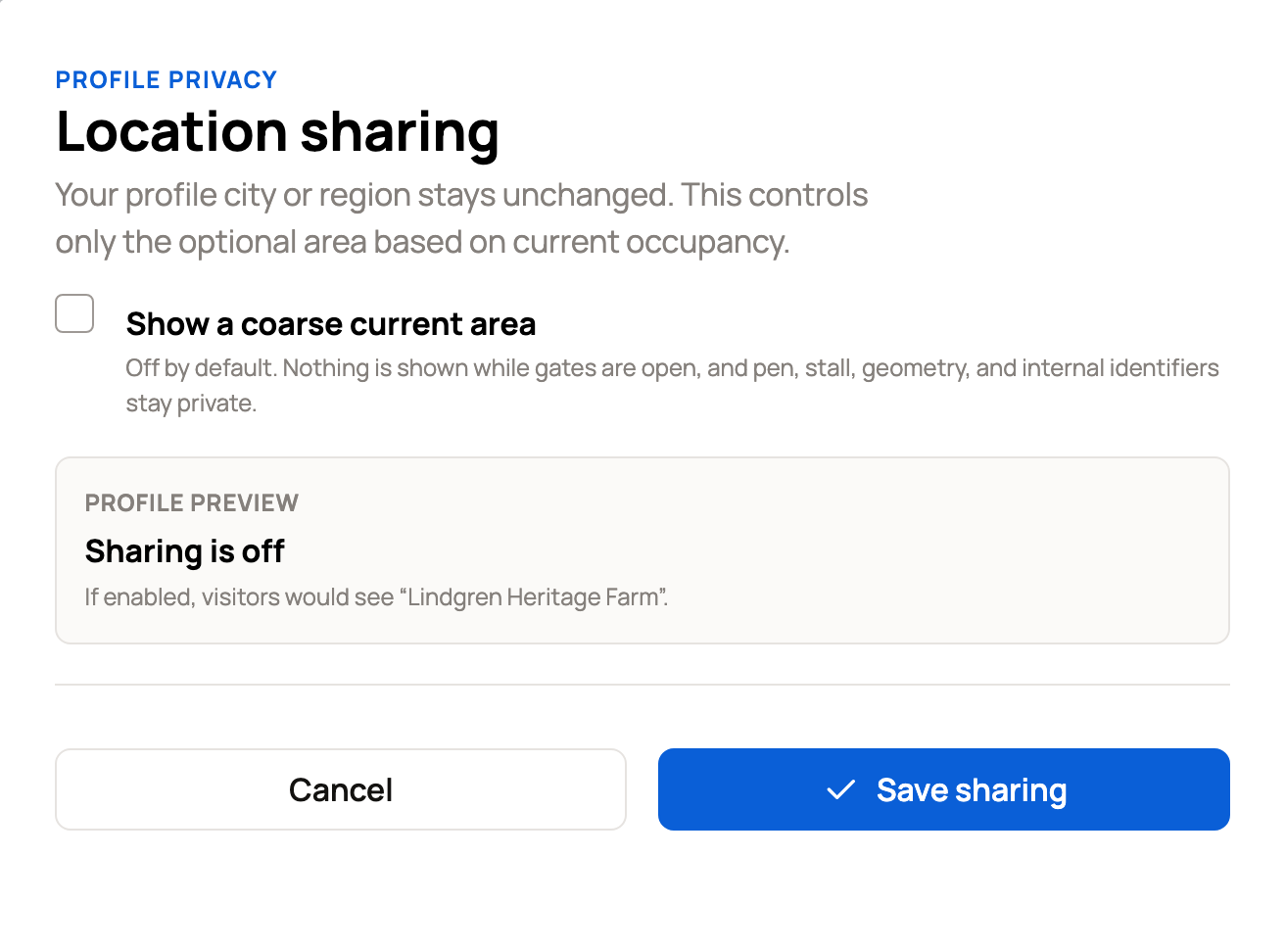 Location sharing with Show a coarse current area turned off and a preview of Lindgren Heritage Farm