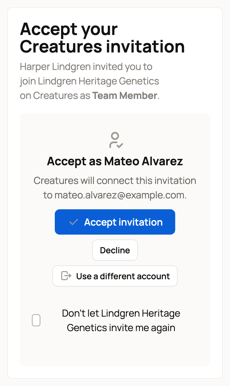Accept your Creatures invitation for Lindgren Heritage Genetics, with Accept invitation, Decline and Use a different account