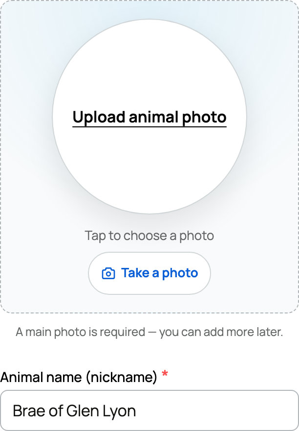 Invited claim form with the animal's existing name and a required main-photo upload