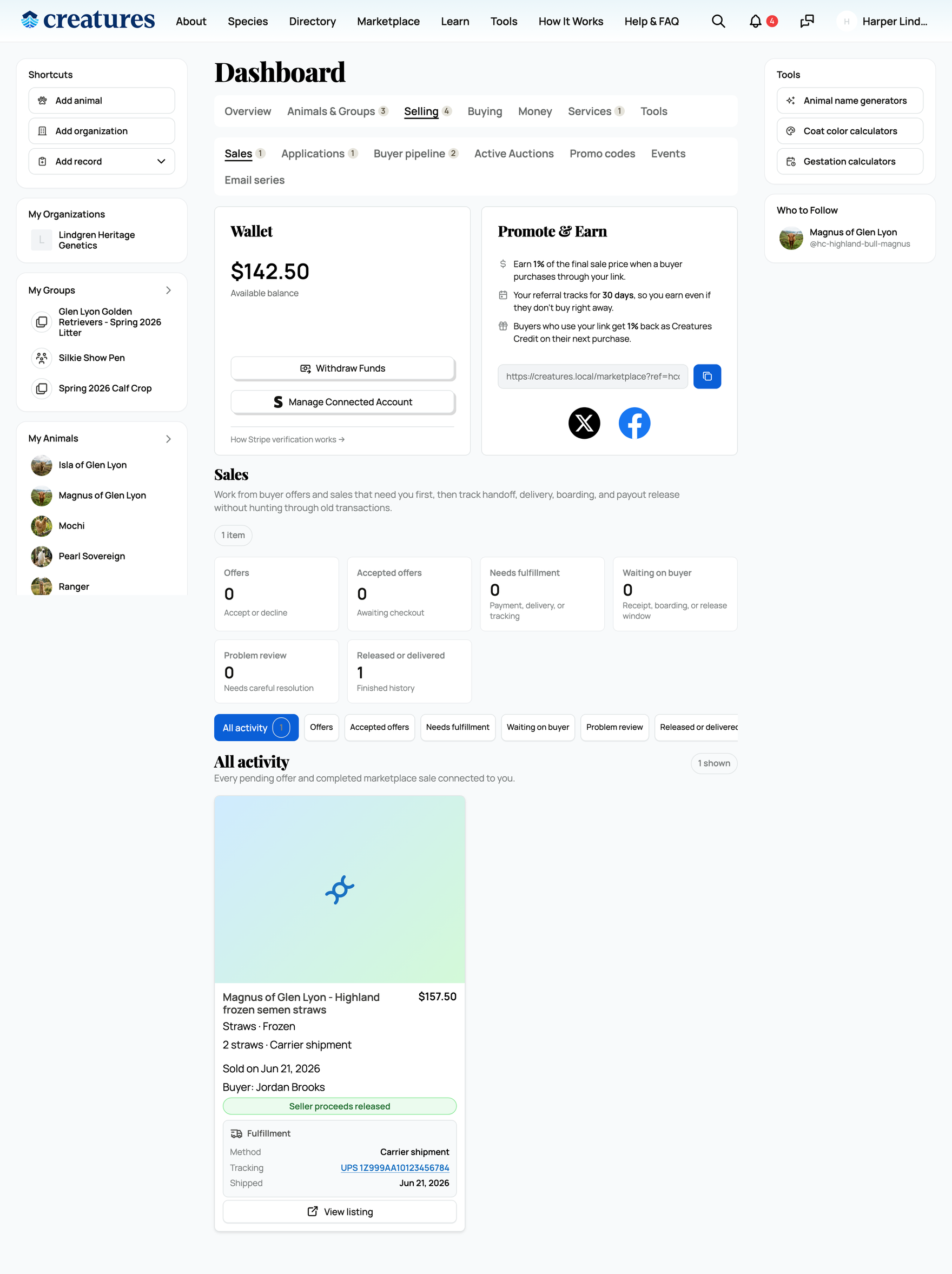 The seller's sale and shipping controls