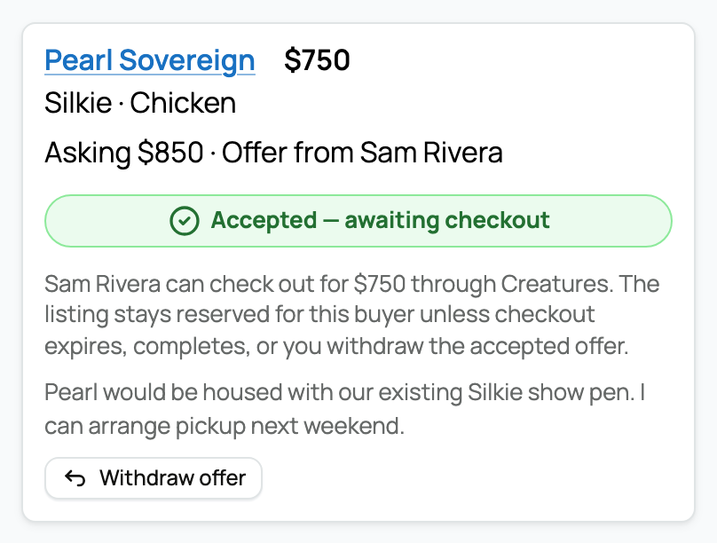 An accepted offer waiting for checkout