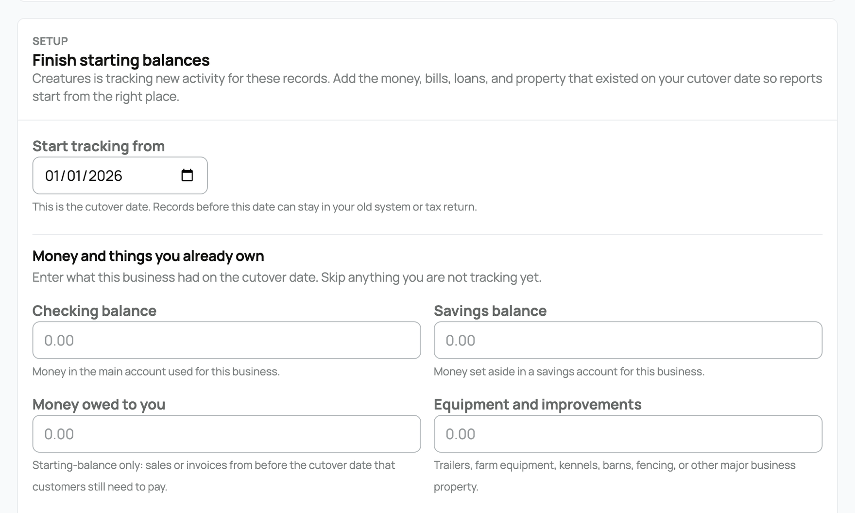 Opening balances fields for checking, savings, money owed to you, and equipment