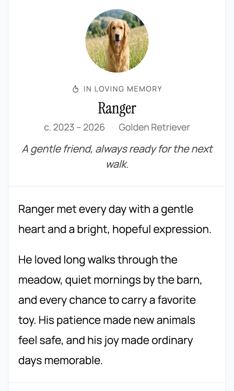 The published memorial with Ranger's dates, epitaph, and remembrance
