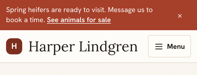 Announcement bar at the top of a breeder website on a phone, with a link to animals for sale