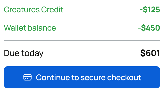 Checkout summary showing Credit, Wallet funds, and the remaining amount due