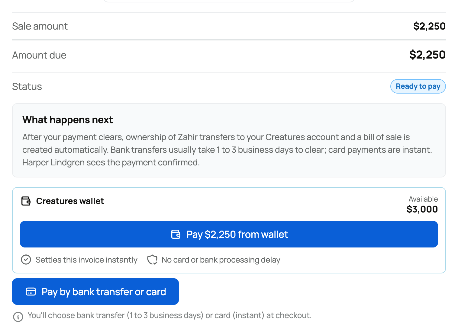 Invoice amount due and status above wallet and bank-or-card payment choices