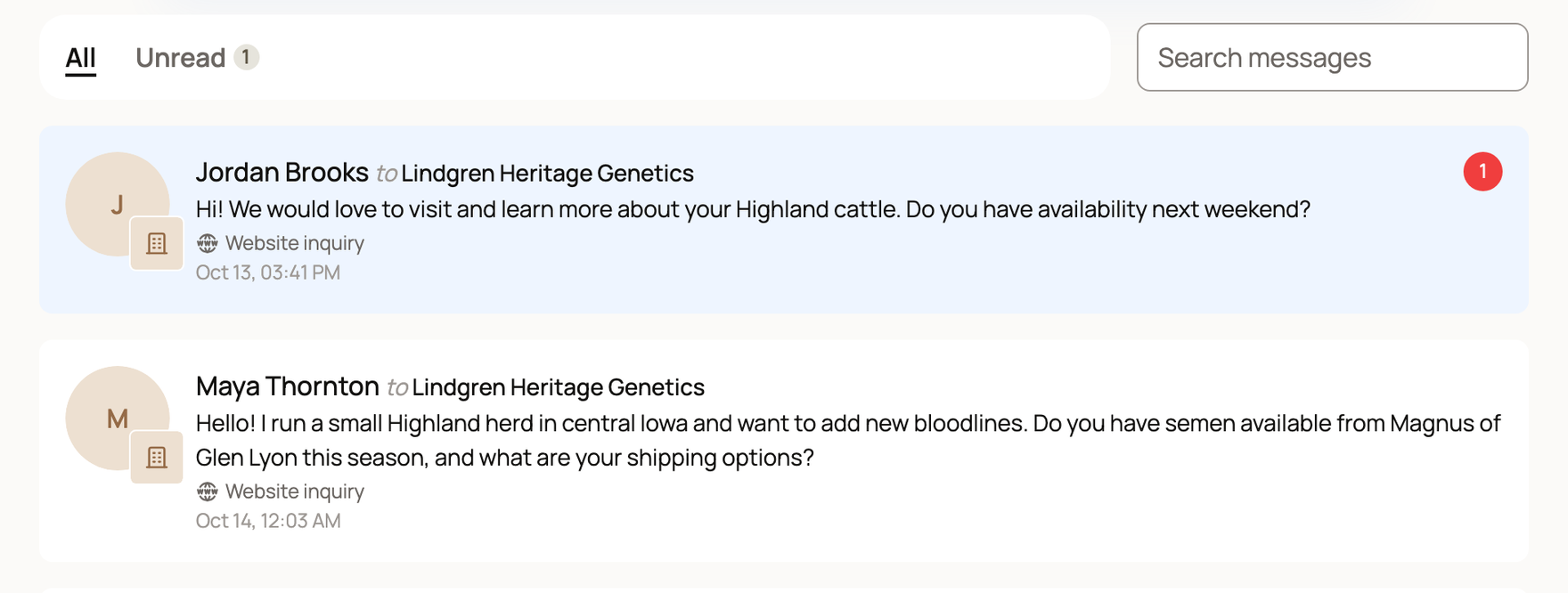 Two messages to Lindgren Heritage Genetics in Messages, each marked Website inquiry