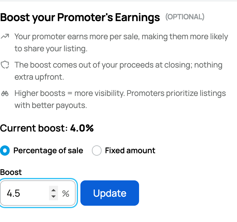 Boost controls editing a saved 4.0% Sale Incentive to 4.5%, with Update ready