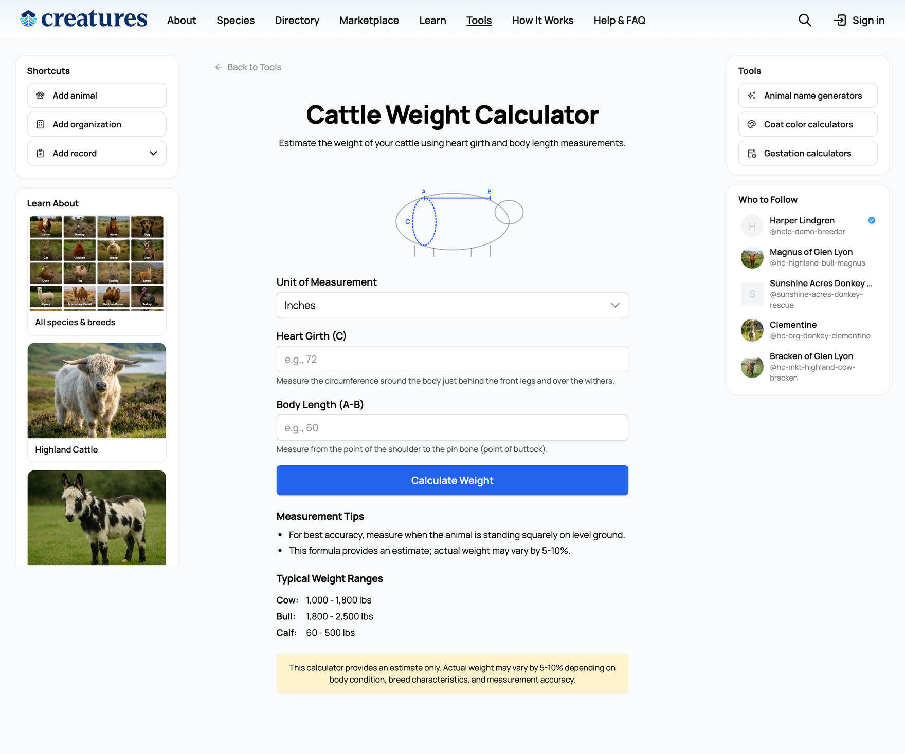 The weight calculator form: unit, heart girth, body length, and the diagram