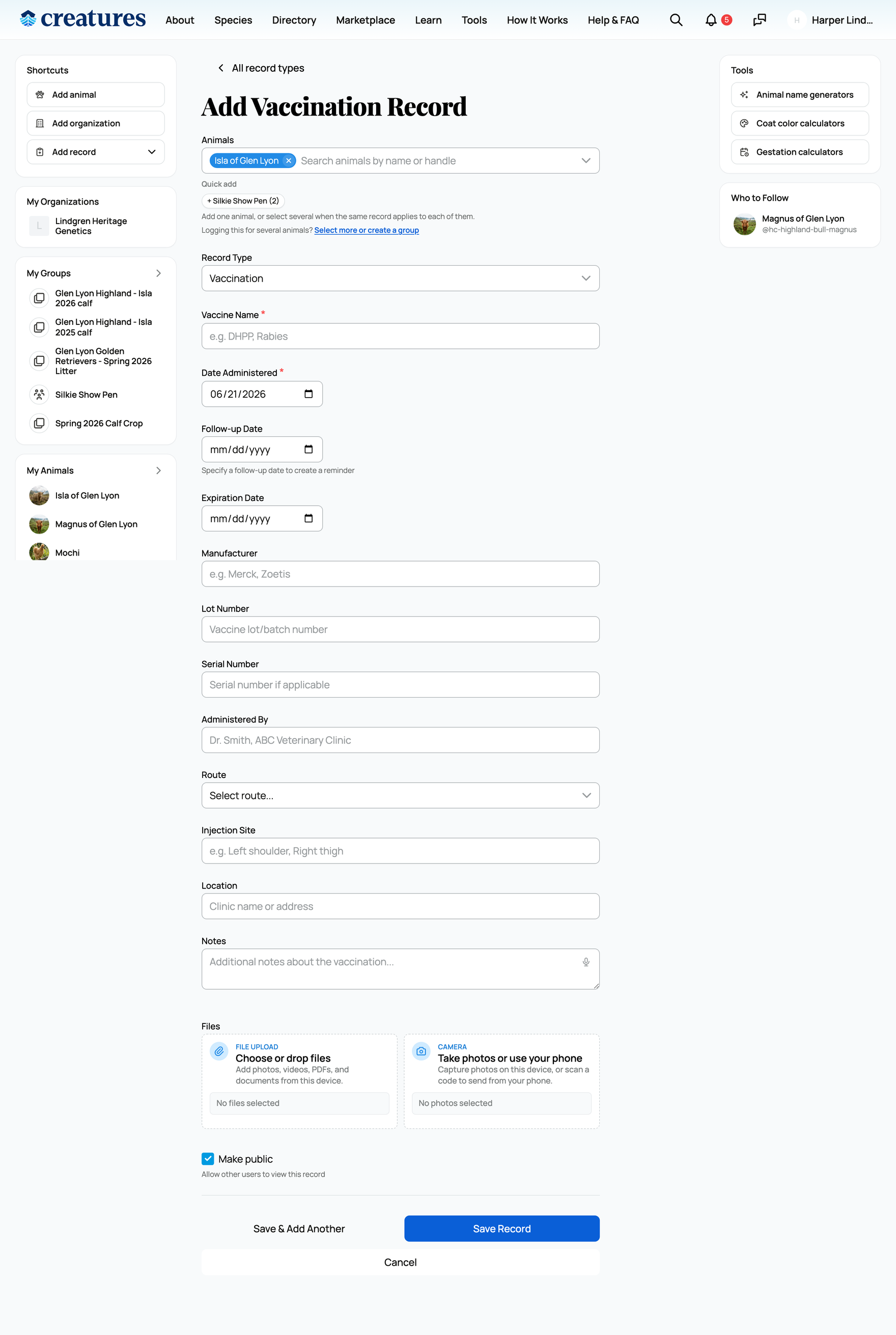 The add record form