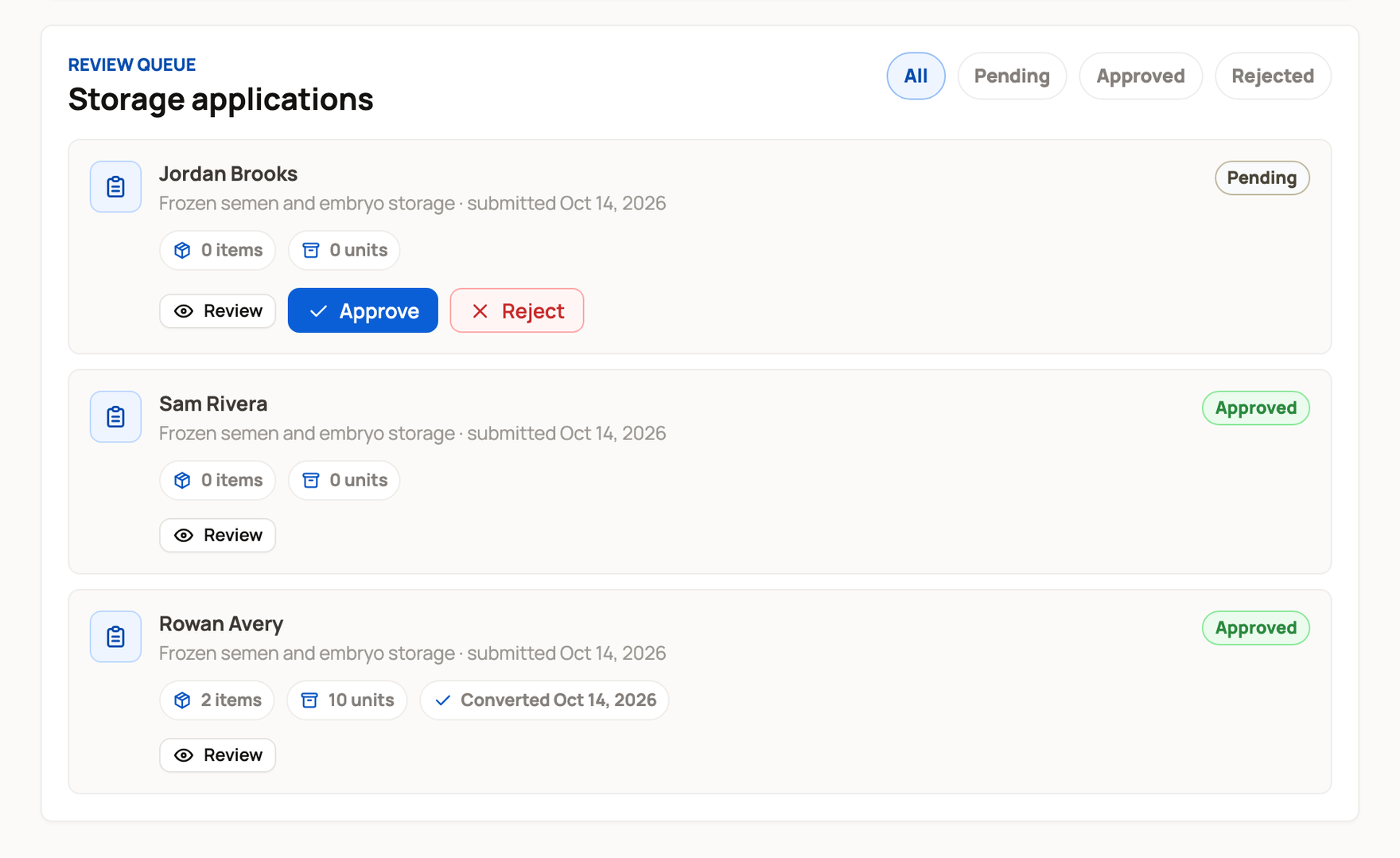 Storage applications with a pending application from Jordan Brooks and Approve and Reject buttons