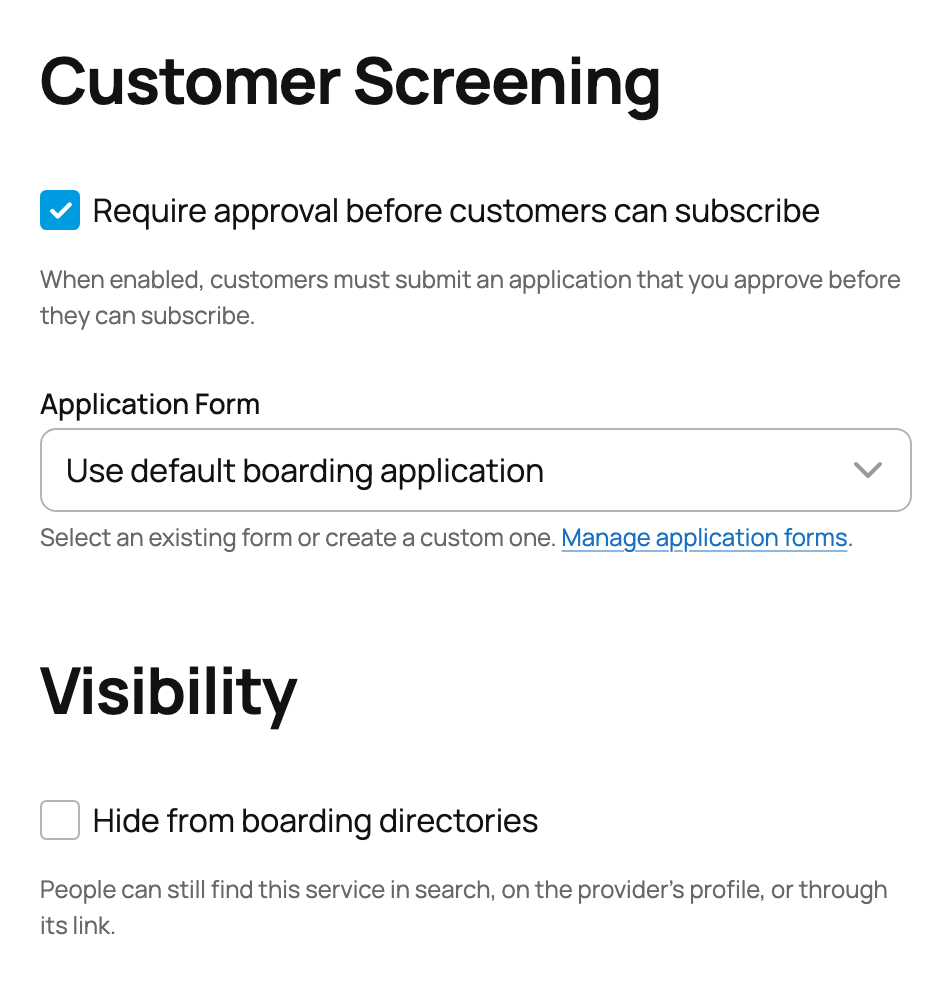 Approval, application form, and Hide from boarding directories choices