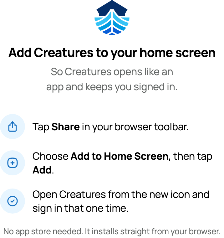 Add Creatures to your home screen instructions showing Share, Add to Home Screen, and Add