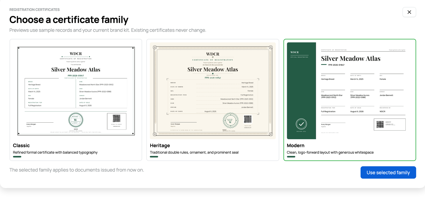 Registration certificate previews using the registry brand kit