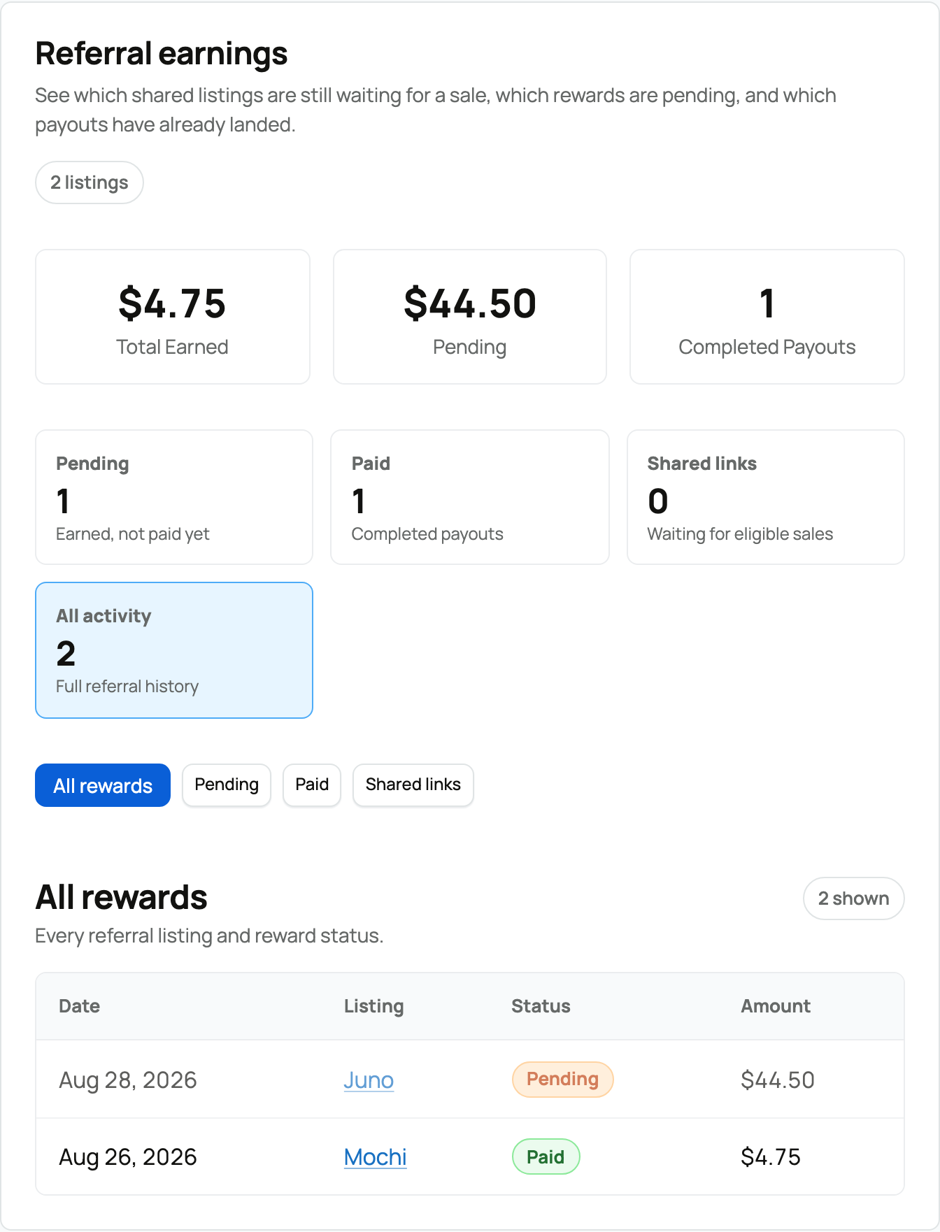 Referral earnings with one pending reward and one completed payout