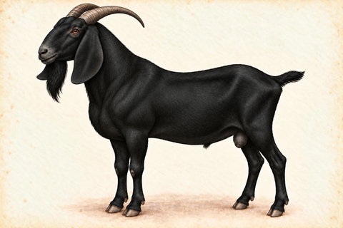 Illustration of a solid black Nubian buck with long pendulous ears, a convex profile and natural horns.