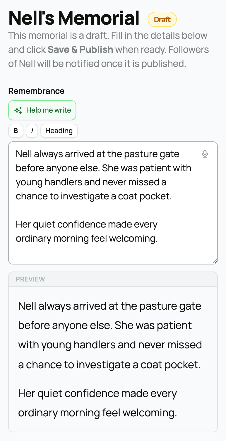 Nell's draft memorial editor with Remembrance and Preview
