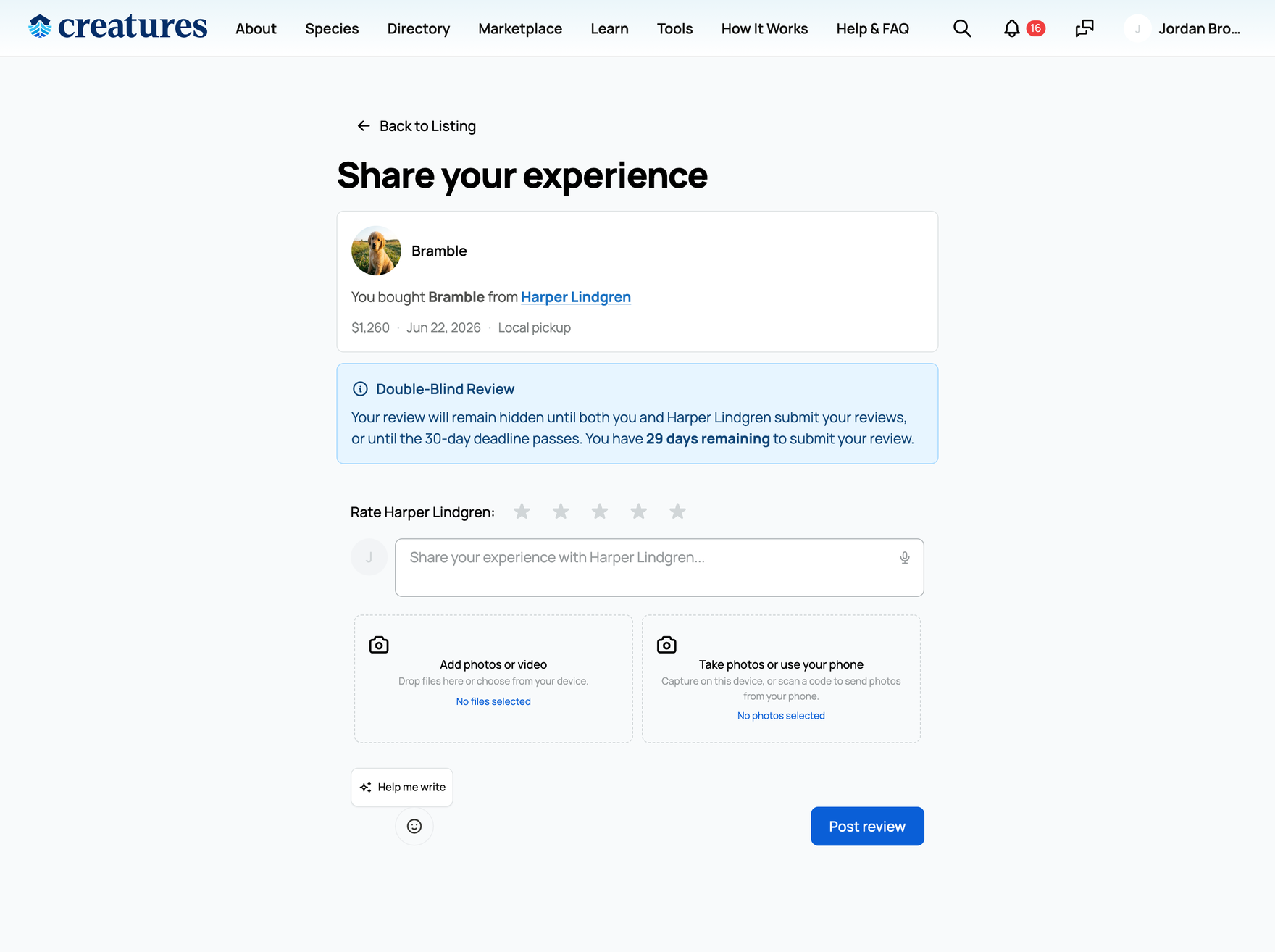 The verified review form, with the double-blind notice and the countdown