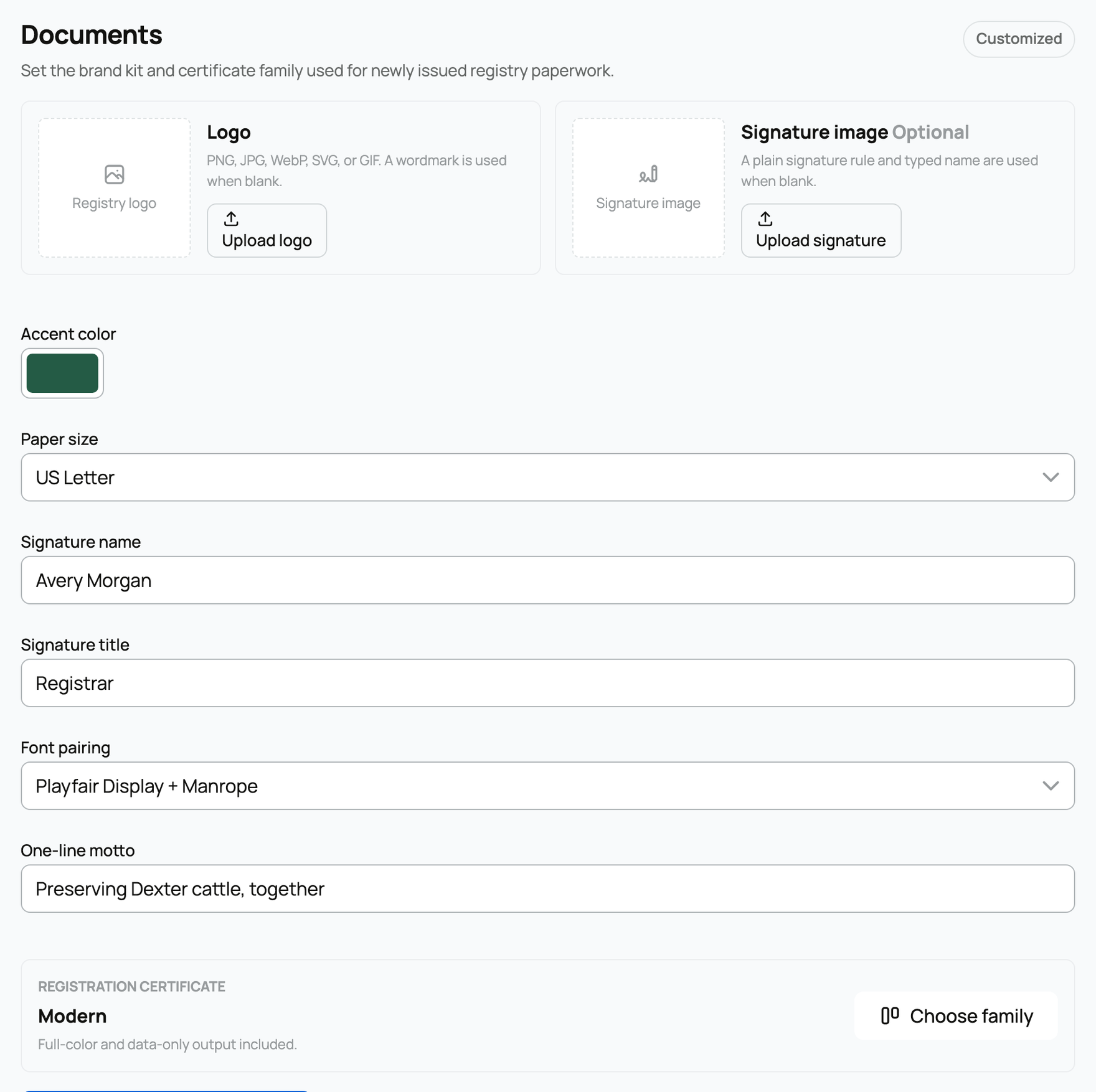The document brand kit and currently selected certificate family
