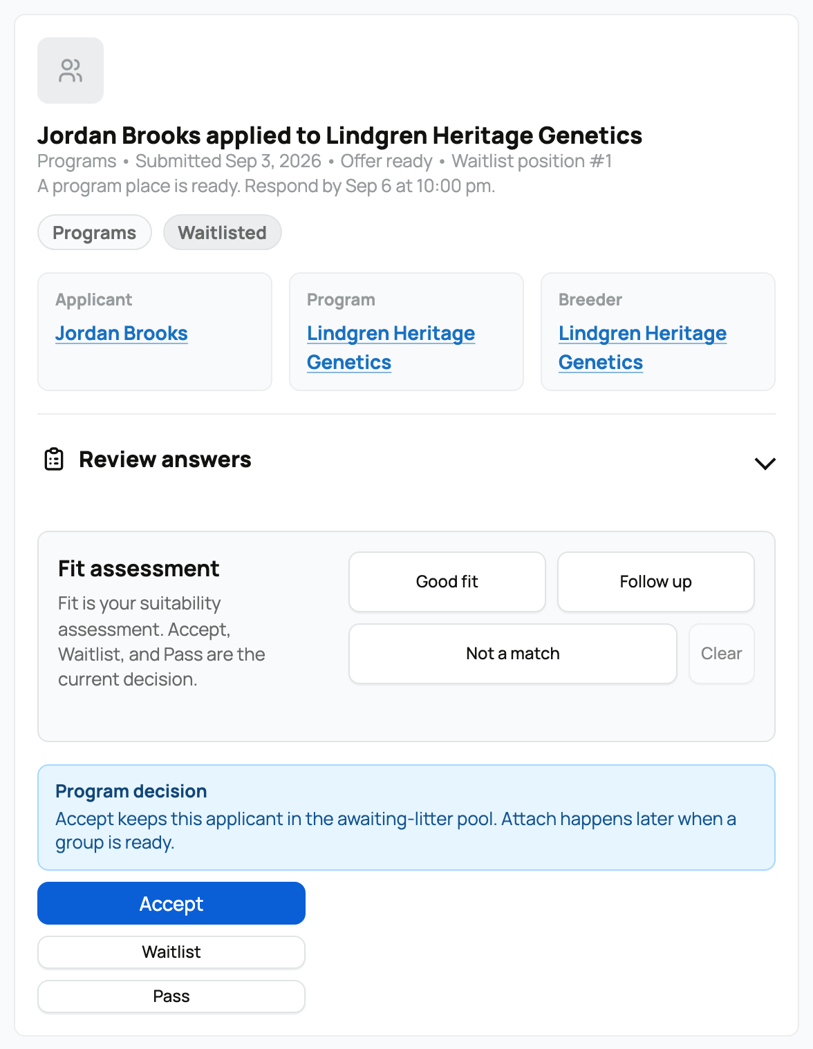 Program application with fit assessment and Accept, Waitlist, and Pass actions