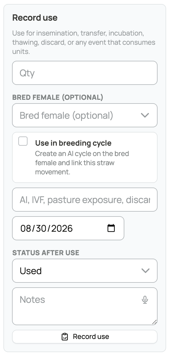 Record use with quantity, bred female, breeding-cycle choice, and Status after use