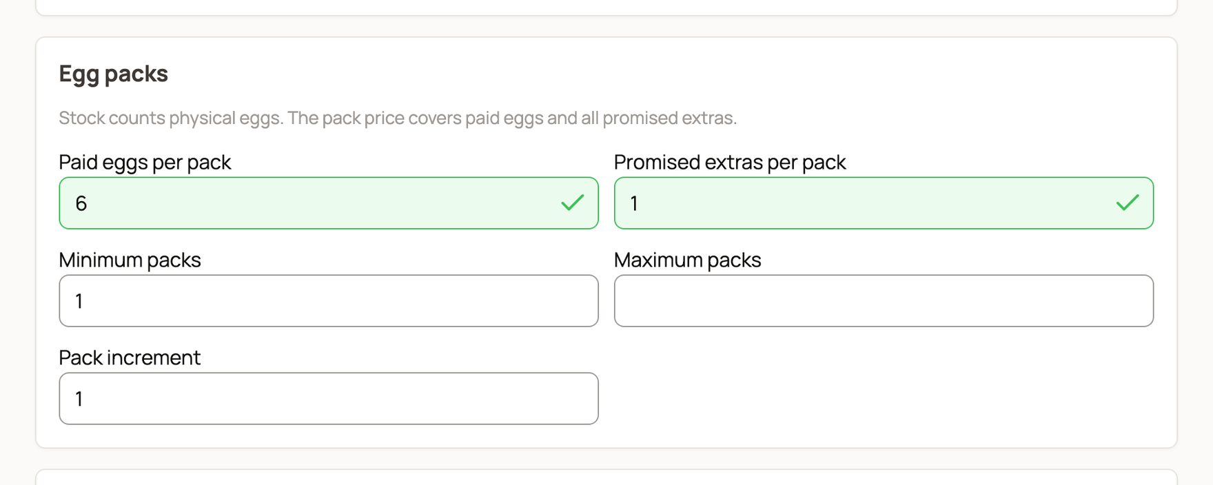 Egg packs with 6 paid eggs and 1 promised extra per pack
