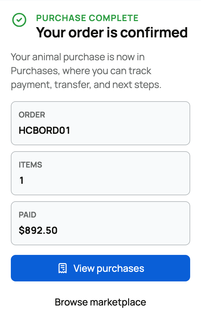 Completed cart order with the next step to Purchases