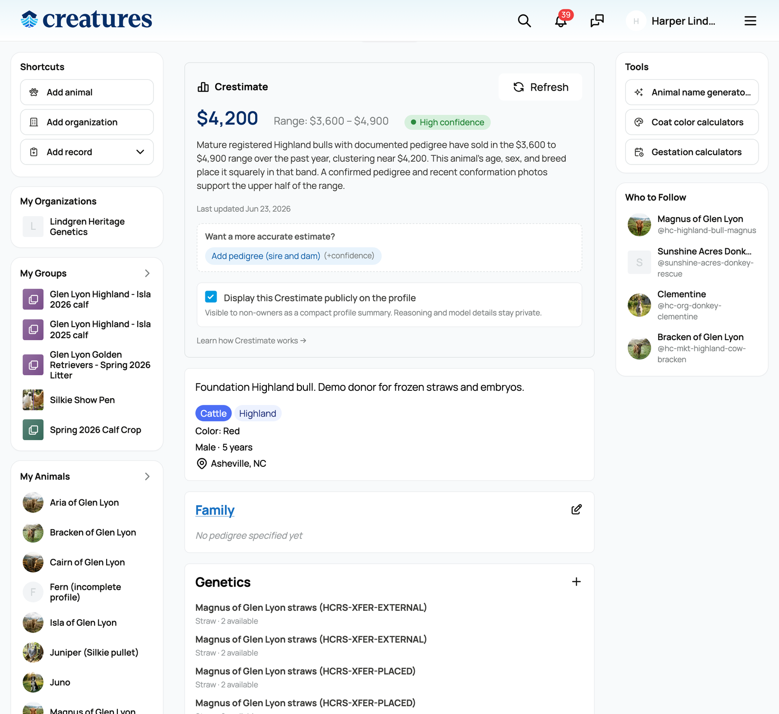 A completed Crestimate on an animal profile