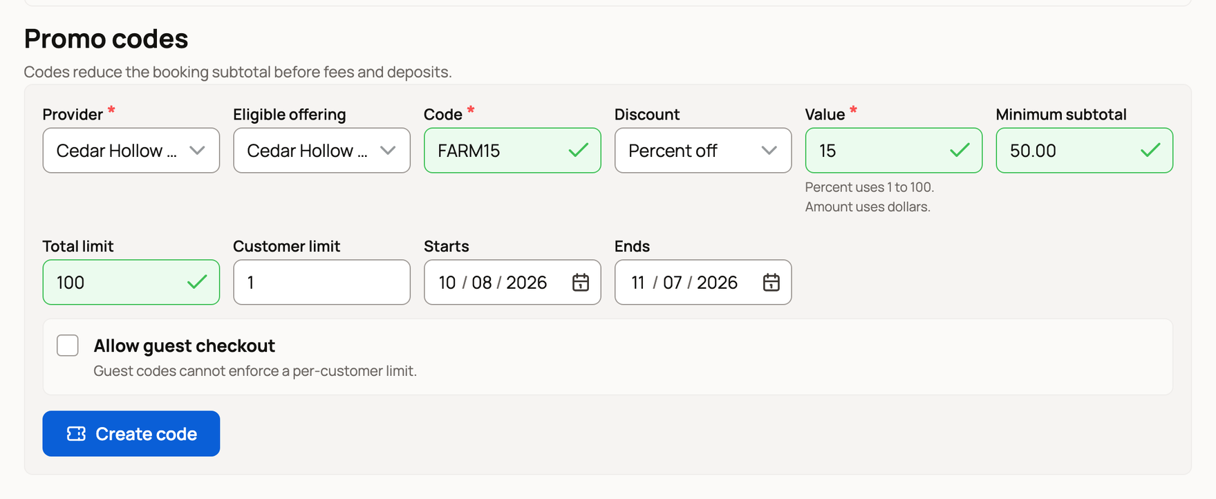 A new promo code with provider, offering, discount, limits, and dates