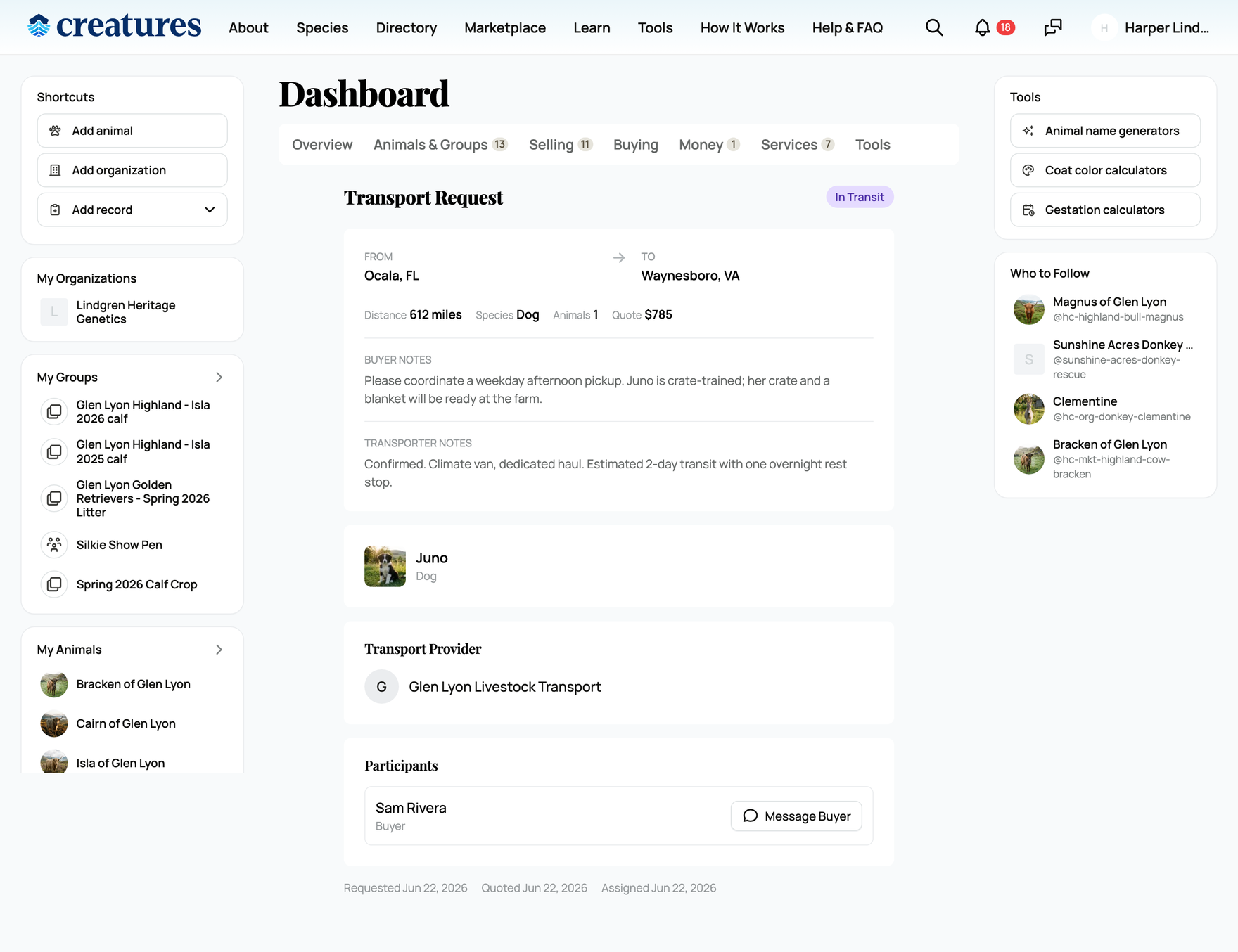 A Creatures transport in progress: the route, live status, and a line to message the other party