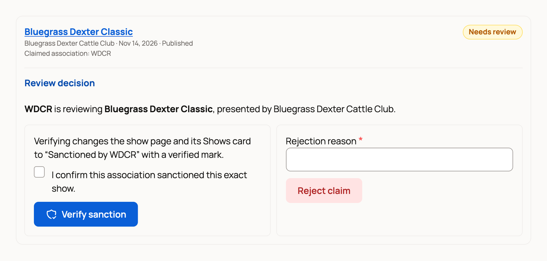 Review decision with the confirmation, Verify sanction and Reject claim