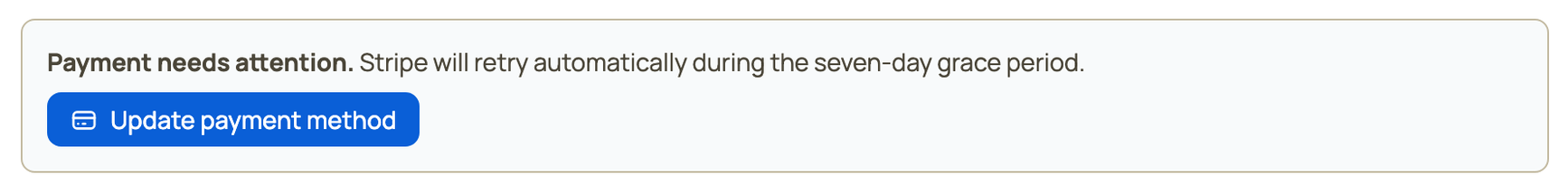 The seven-day grace-period notice and Update payment method button