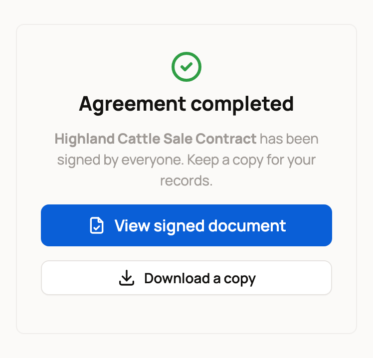 Agreement completed page on a phone with View signed document and Download a copy