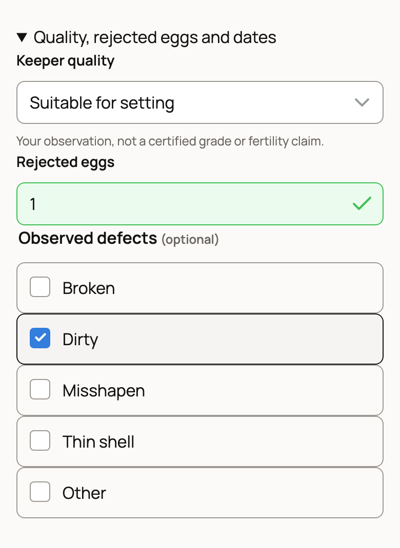 Keeper quality set to Suitable for setting, 1 rejected egg marked Dirty
