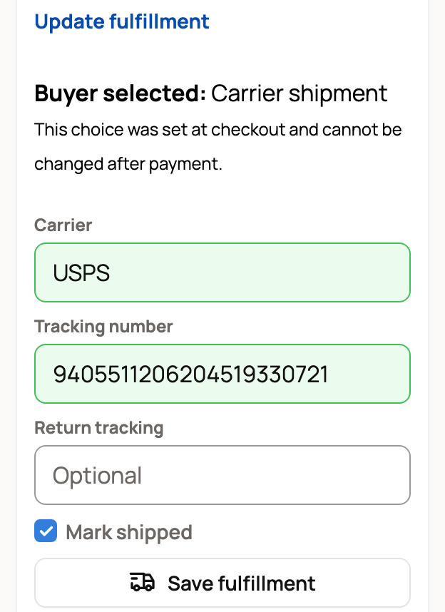 Update fulfillment with USPS, a tracking number and Mark shipped turned on