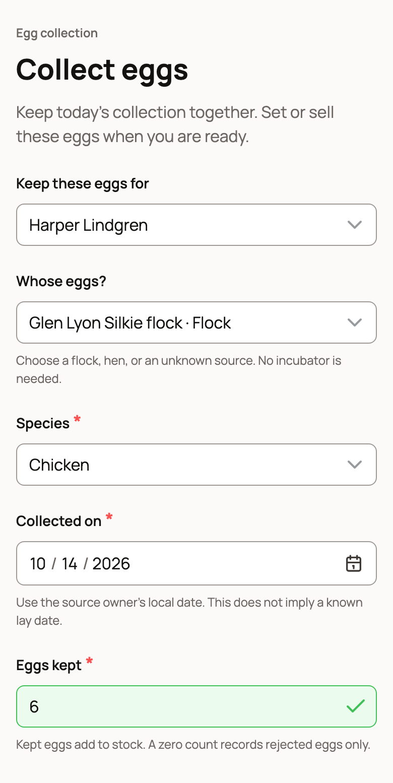 Collect eggs form for Glen Lyon Silkie flock with 6 eggs kept