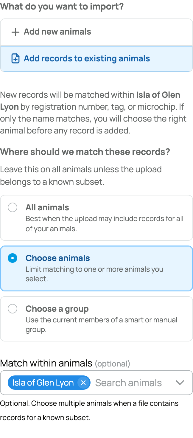 Record-import intent and animal-matching scope