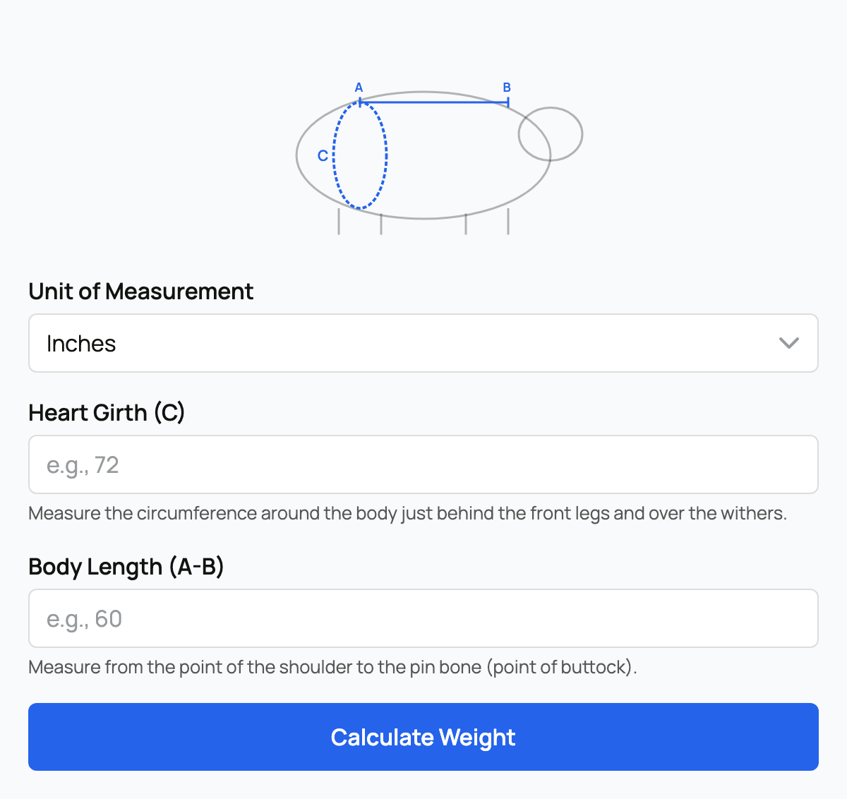 Weight calculator diagram and fields for heart girth and body length