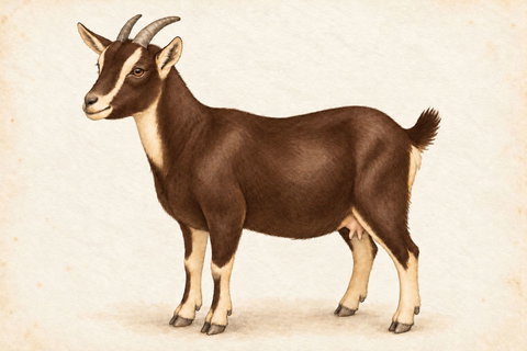 Illustration of a chocolate swiss Nigerian Dwarf doe: brown body and belly with cream Swiss face and lower-leg markings.