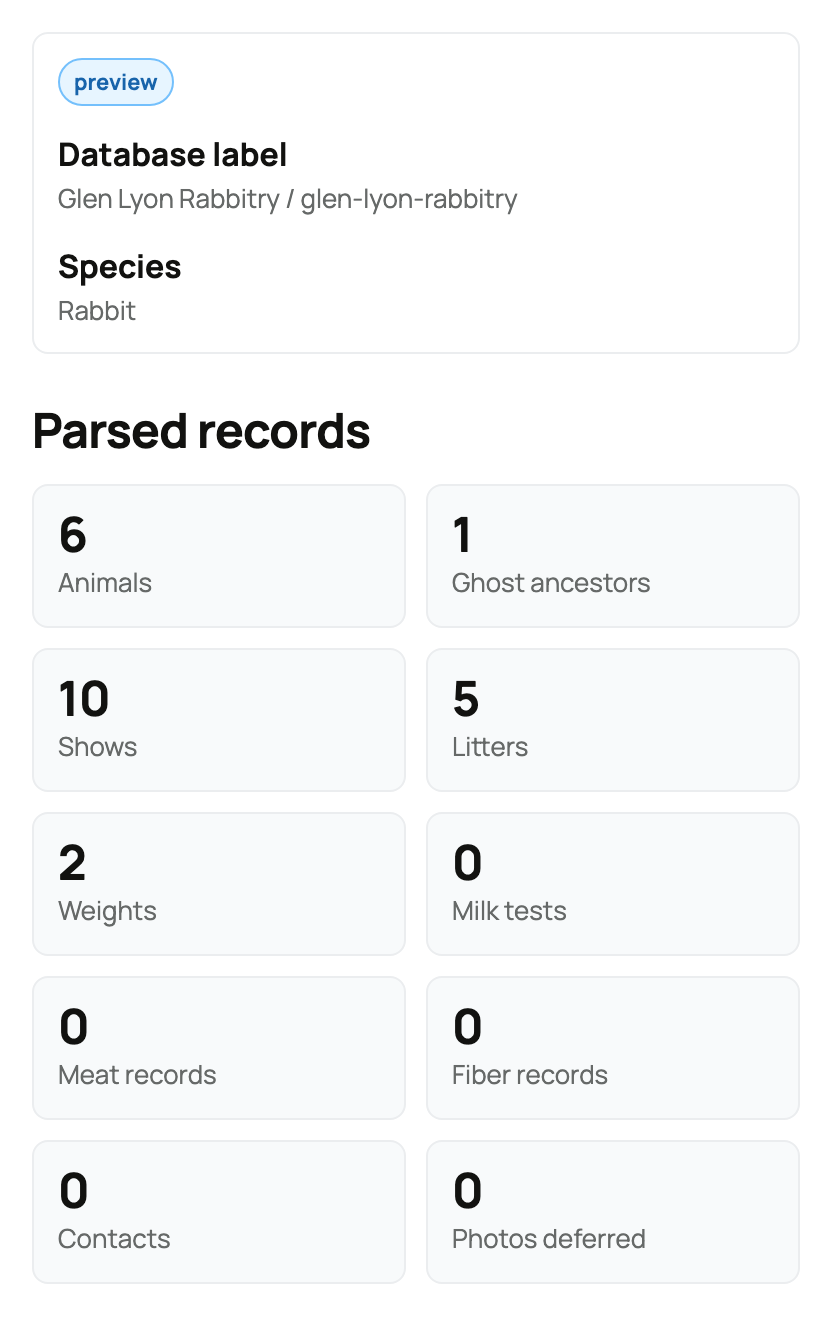 WinRbro preview with the source, species, and Parsed records counts