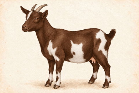Illustration of a Nigerian Dwarf doe: chocolate brown coat with irregular white patches on the face, body and legs.