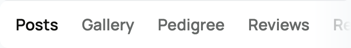Animal profile navigation showing Posts, Gallery, Pedigree, and Reviews