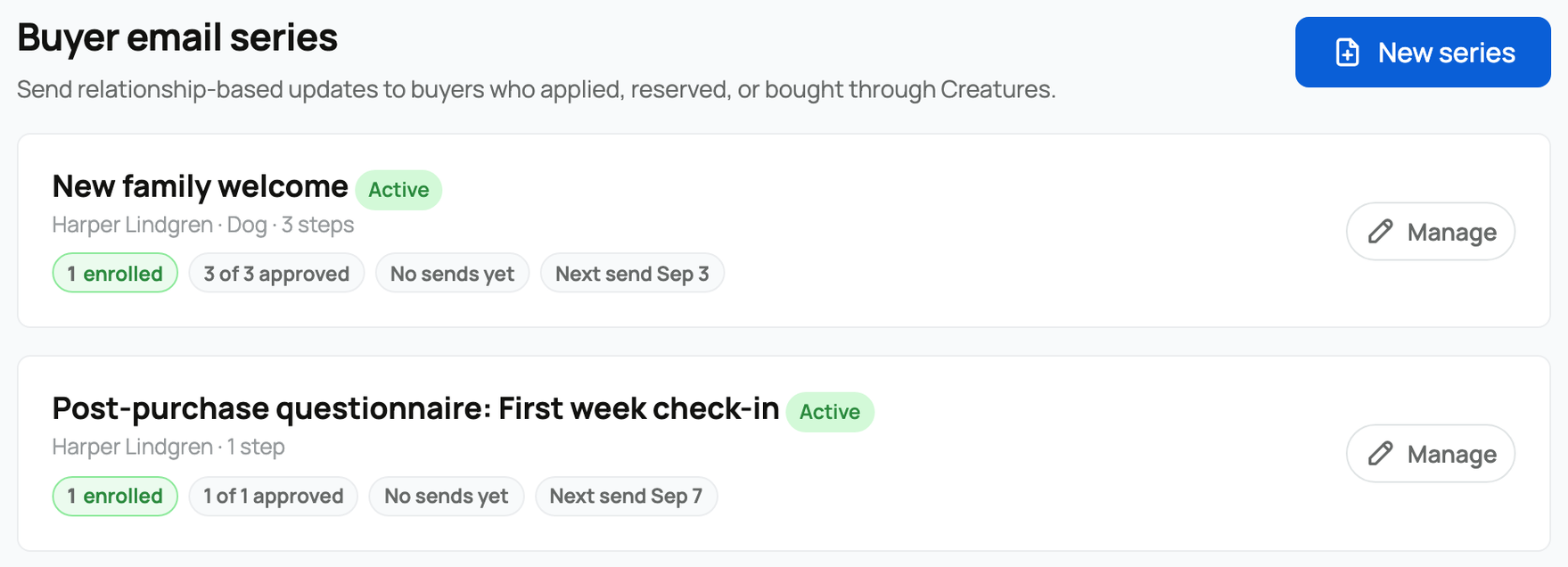 Email series list with active status and approval progress