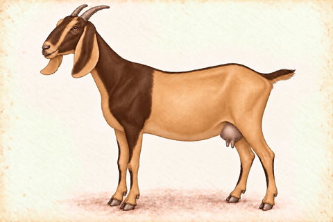Illustration of a Nubian doe with brown black and tan buckskin coloring.