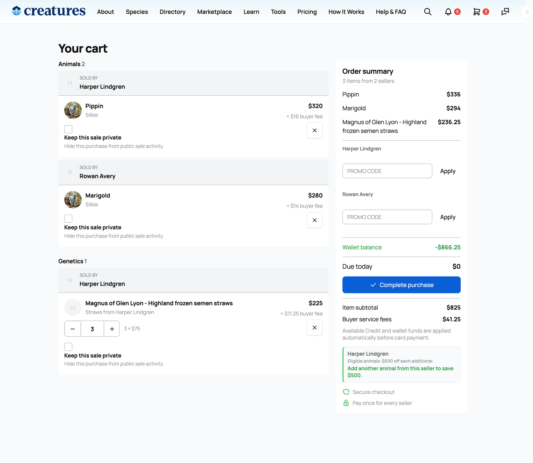 Your cart with animals from two sellers and a genetics line