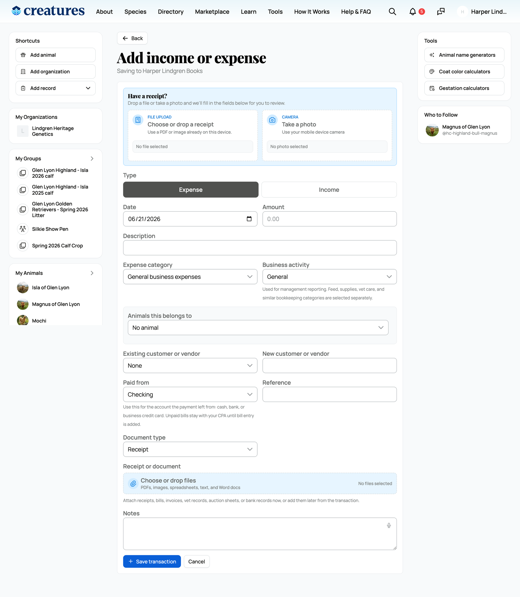 Adding income or expense
