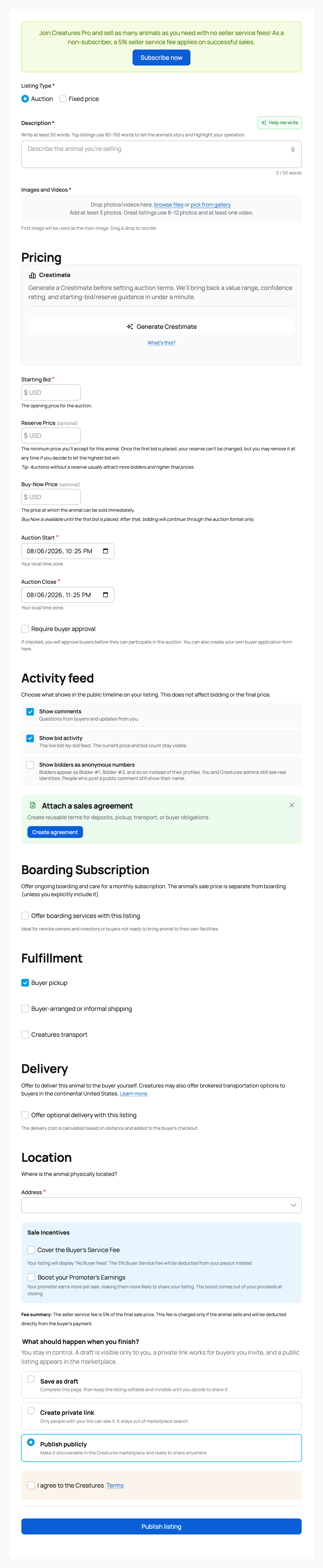 The auction create form's Activity feed controls