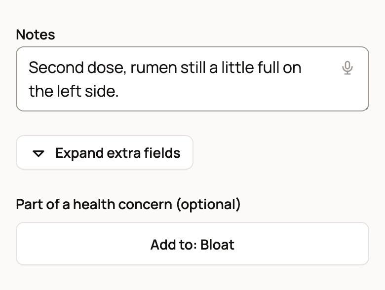 Part of a health concern with an Add to: Bloat button on a treatment form