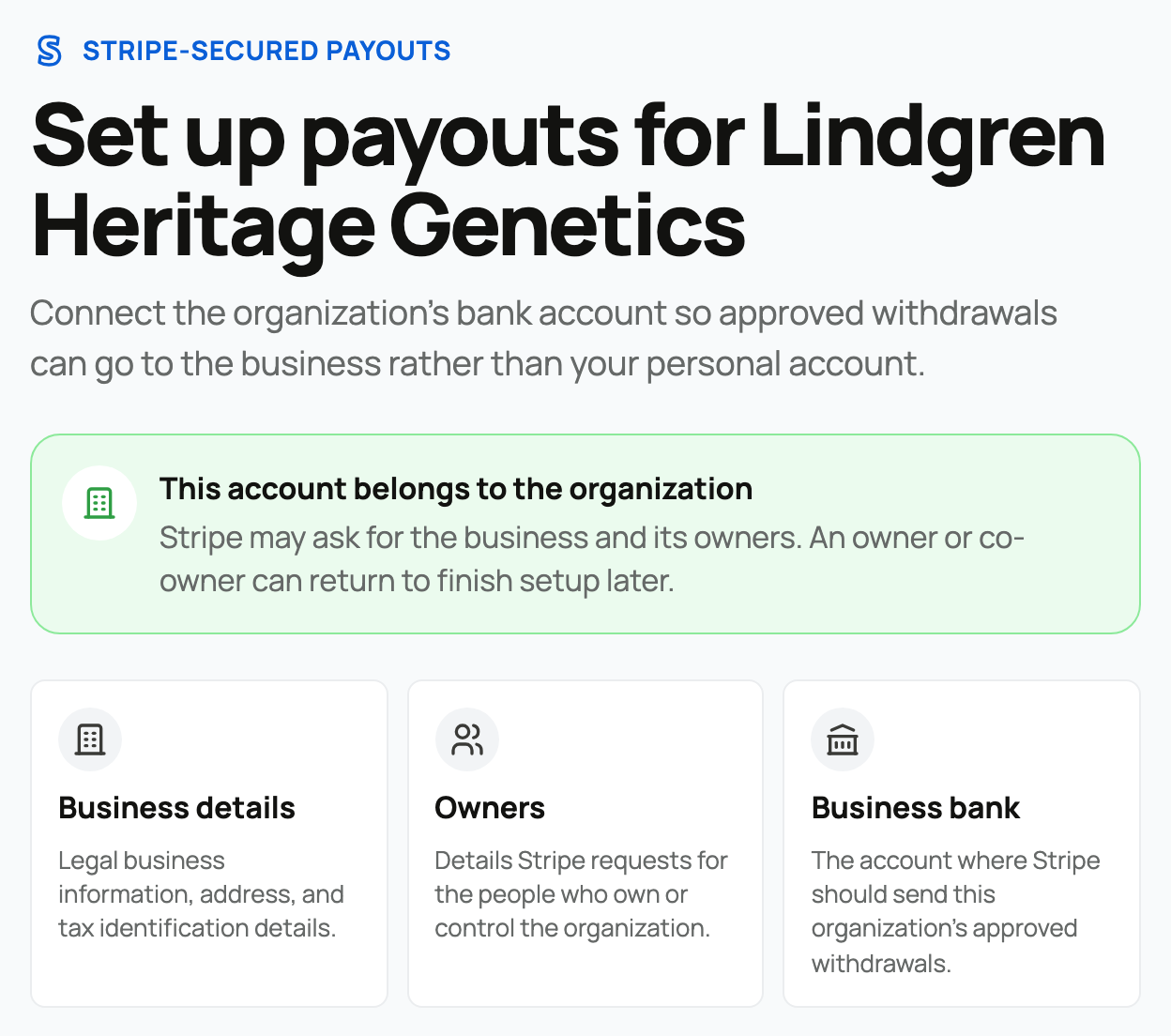 Organization payout setup for Lindgren Heritage Genetics